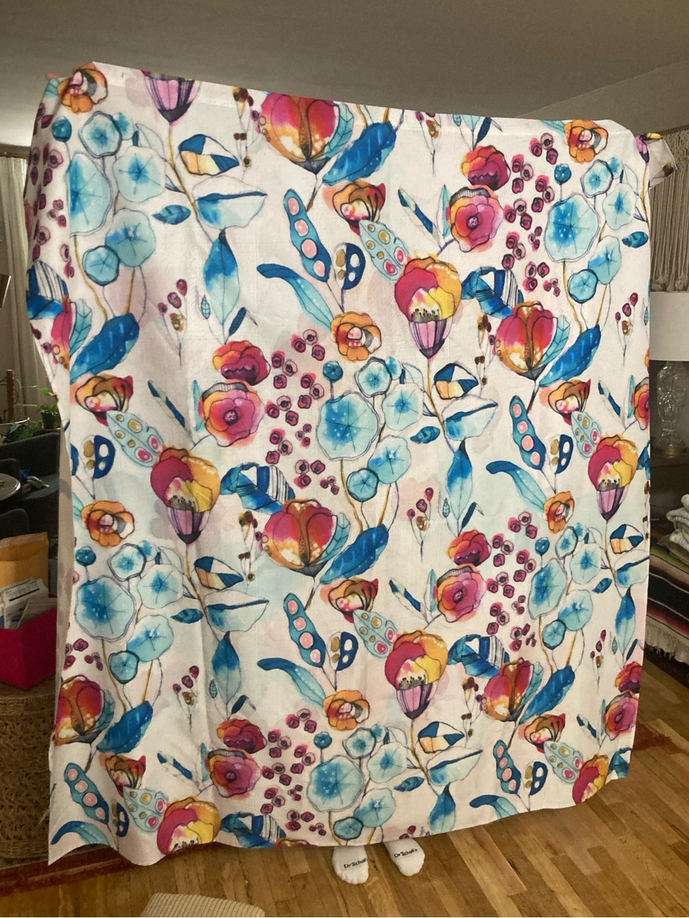 Floral Watercolor Shower Curtain in White with Blue, Pink & Yellow